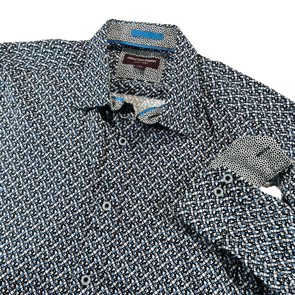 Johnston & Murphy Button Down Shirt L Blue Geometric Mosaic Flip Cuff Cotton